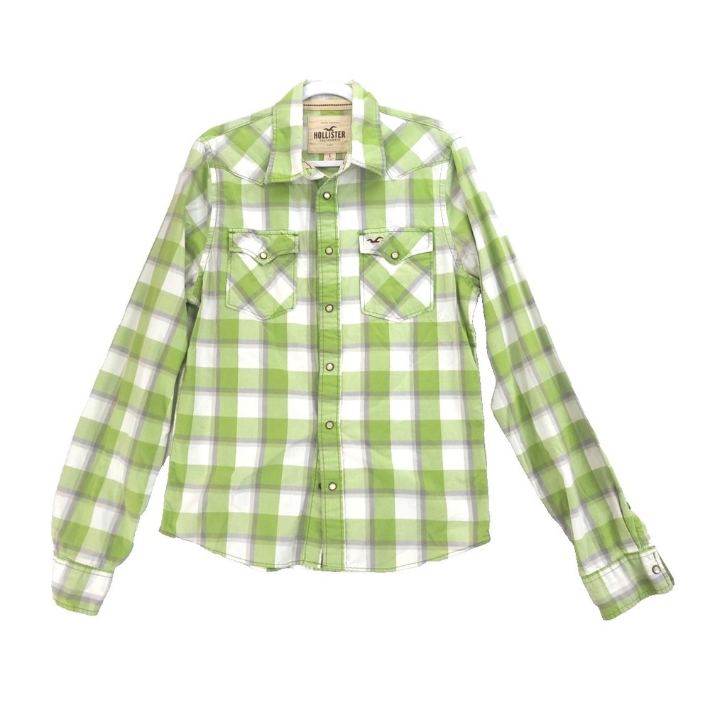 Hollister Mens Casual Pearl Snap Shirt Western Green White Gray Plaid L‎ Cotton